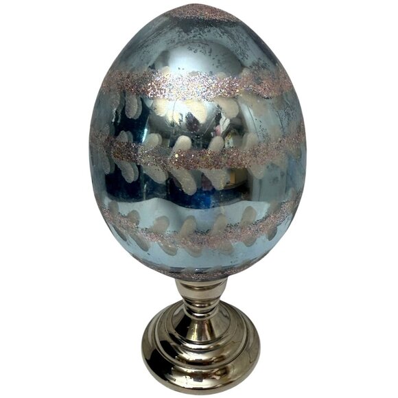 Pottery Barn Mercury Glass Egg Pedestal 8.5" high Pastel Blue Easter Decor - Picture 2 of 10